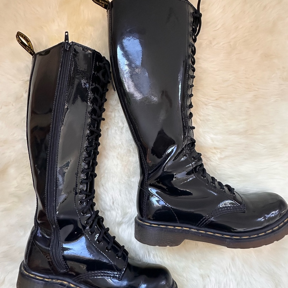 Dr. Martens Black Combat Moto Boots with Glossy Finish